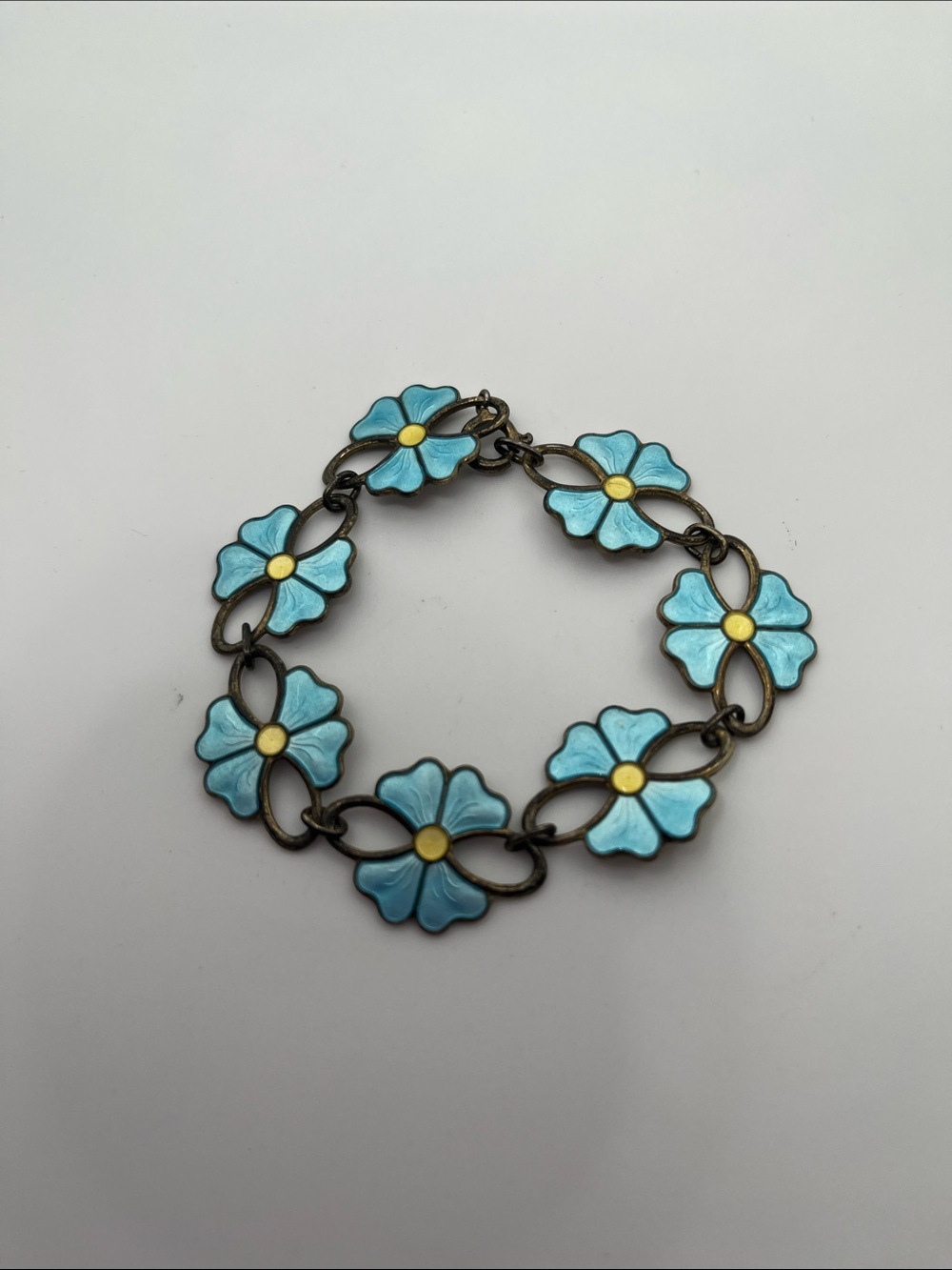 Aksel Holmsen Norwegian 925S Vermeil Light Blue Forget-Me-Not Enamel Bracelet